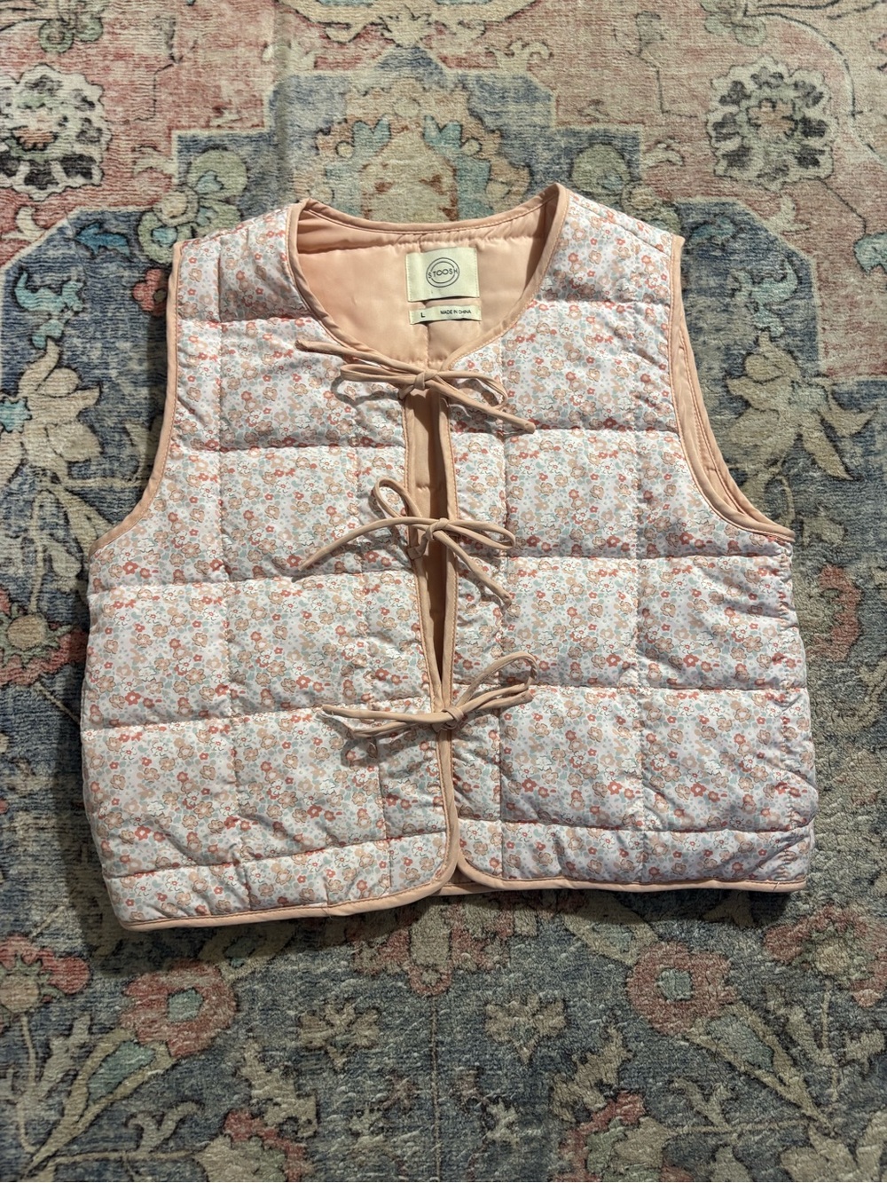 Stoosh Peach Floral Quilted Tie-Front Vest